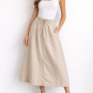 A/X ARMANI EXCHANGE Maxi Skirt 100% Linen Size Small Drawstring Waist Pockets